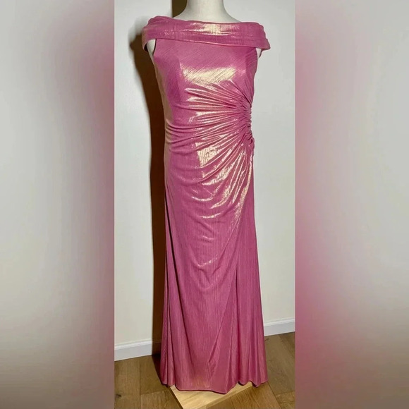 Mac Duggal 27152 | Off The Shoulder Ruched Waist Slit Metallic Gown | Women’s 12 - Picture 3 of 10